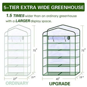 Worth Garden 50% Extra Wide Mini Greenhouse 5 Tier Portable Plant Green House 40in Wide -Sturdy Gardening Shelves with PVC Cover - Indoor & Outdoor Wheatgrass Growing - 19″x40″x75″