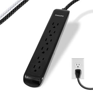 philips 6 outlet surge protector power strip, designer braided power cord, 4 ft power cord, flat plug extension cord, perfect for office or home décor, 720 joules, etl listed, black, spc3064bd/37