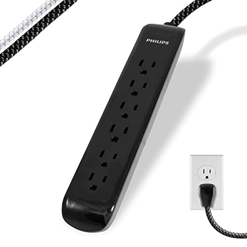 Philips 6 Outlet Surge Protector Power Strip, Designer Braided Power Cord, 4 Ft Power Cord, Flat Plug Extension Cord, Perfect for Office or Home Décor, 720 Joules, ETL Listed, Black, SPC3064BD/37