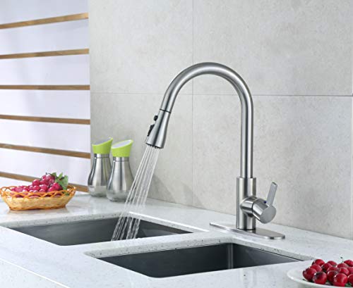 Single Handle High Arc Pull Out Brushed Nickel Kitchen Faucet, Single Level Stainless Steel Kitchen Sink Faucets with Pull Down Sprayer, KNACK