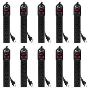 kmc 6-outlet surge protector power strip 10-pack, 735 joules, overload protection, 2-foot cord