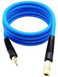 yotoo hybrid lead-in air hose 3/8-inch by 10-feet 300 psi heavy duty, lightweight, kink resistant, all-weather flexibility with 1/4-inch brass male fittings, bend restrictors, blue