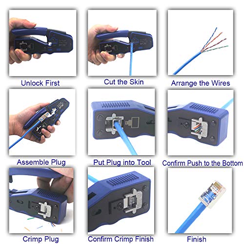 VCE RJ45 Pass Through Crimp Tool with Replacement Blades for Cat6a Cat6 Cat5e Cat5 Connector, All-in-One Ethernet Cable Crimping Tool Wire Stripper Cutter