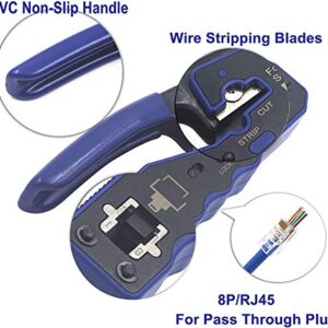 VCE RJ45 Pass Through Crimp Tool with Replacement Blades for Cat6a Cat6 Cat5e Cat5 Connector, All-in-One Ethernet Cable Crimping Tool Wire Stripper Cutter