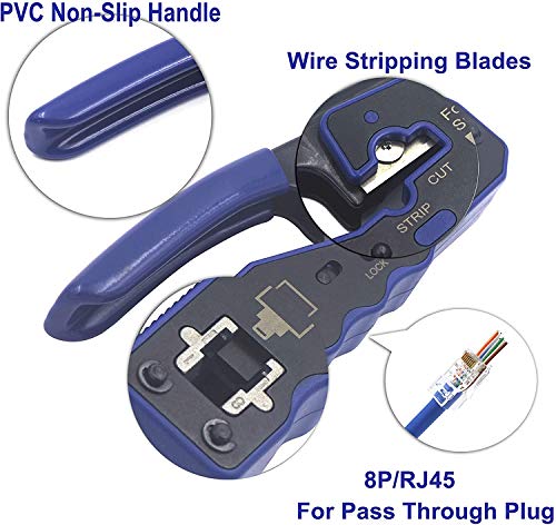 VCE RJ45 Pass Through Crimp Tool with Replacement Blades for Cat6a Cat6 Cat5e Cat5 Connector, All-in-One Ethernet Cable Crimping Tool Wire Stripper Cutter