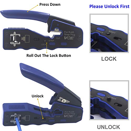 VCE RJ45 Pass Through Crimp Tool with Replacement Blades for Cat6a Cat6 Cat5e Cat5 Connector, All-in-One Ethernet Cable Crimping Tool Wire Stripper Cutter