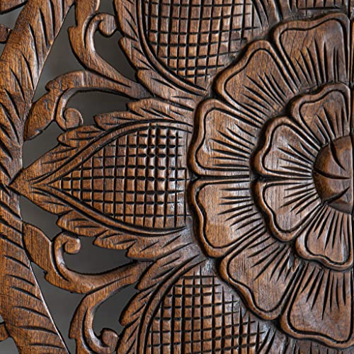 Wood Bed Headboard Dark Stain King Size Home Decoration Wooden Carved Wall Art in Reclaimed Teak from Thailand 72 Inches