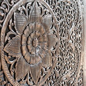 Wood Bed Headboard Dark Stain King Size Home Decoration Wooden Carved Wall Art in Reclaimed Teak from Thailand 72 Inches