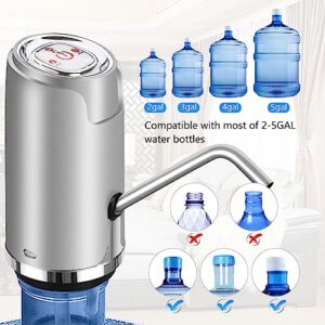 Water Pump for 5 Gallon Bottle, Electric 5 Gallon Water Dispenser Universal USB Charging Drinking Water Bottle Pump(Silver)