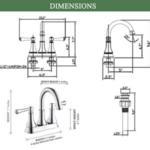 TimeArrow Chrome 4 Inch Two Handle Centerset Bathroom Sink Faucet 3 Holes with Pop up Drain, High Arc Modern Bathroom Vanity Lavatory Faucet with Brass 360° Swivel Spout, TAF067Y-CP
