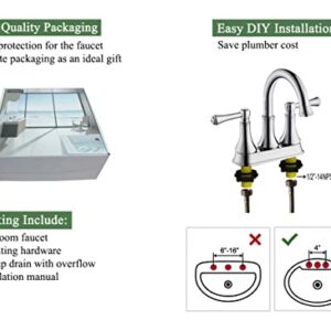 TimeArrow Chrome 4 Inch Two Handle Centerset Bathroom Sink Faucet 3 Holes with Pop up Drain, High Arc Modern Bathroom Vanity Lavatory Faucet with Brass 360° Swivel Spout, TAF067Y-CP