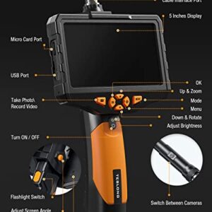 Teslong Inspection Camera, Dual Lens Endoscope Camera with Light 5" IPS Screen Digital Industrial Borescope,1080P Endoscope Waterproof Flexible Probe Borescope Camera with Light(16.4ft)