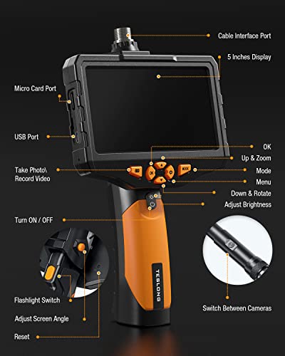 Teslong Inspection Camera, Dual Lens Endoscope Camera with Light 5" IPS Screen Digital Industrial Borescope,1080P Endoscope Waterproof Flexible Probe Borescope Camera with Light(16.4ft)