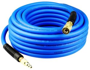 yotoo air hose 3/8 in x 50 ft, heavy duty hybrid air compressor hose, flexible, lightweight, kink resistant with 1/4" industrial quick coupler fittings, bend restrictors, blue