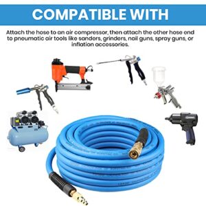 YOTOO Air Hose 3/8 in x 50 ft, Heavy Duty Hybrid Air Compressor Hose, Flexible, Lightweight, Kink Resistant with 1/4" Industrial Quick Coupler Fittings, Bend Restrictors, Blue