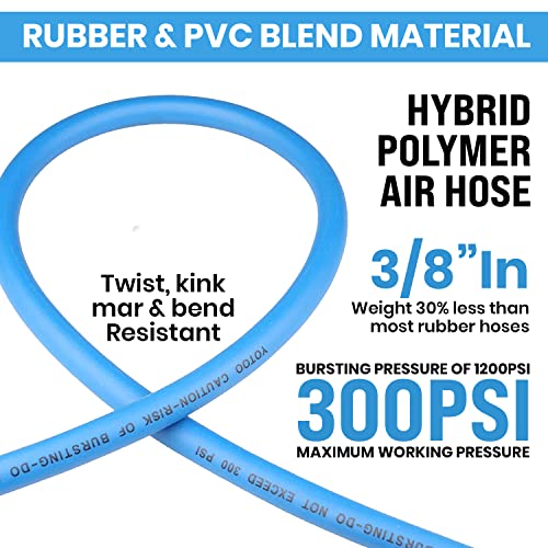 YOTOO Air Hose 3/8 in x 50 ft, Heavy Duty Hybrid Air Compressor Hose, Flexible, Lightweight, Kink Resistant with 1/4" Industrial Quick Coupler Fittings, Bend Restrictors, Blue