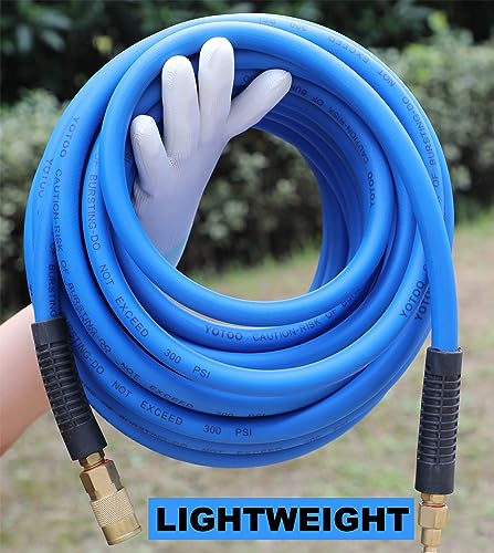 YOTOO Air Hose 3/8 in x 50 ft, Heavy Duty Hybrid Air Compressor Hose, Flexible, Lightweight, Kink Resistant with 1/4" Industrial Quick Coupler Fittings, Bend Restrictors, Blue