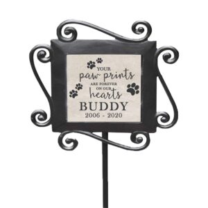 giftsforyounow personalized paw prints on our hearts garden stake 28” by 8.5”, wrought iron stake with decorated ceramic tile, yard garden stake, in memory of garden stake