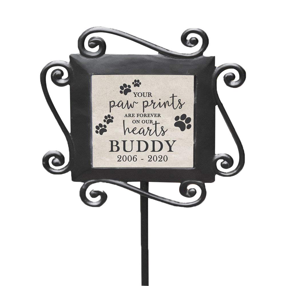 GiftsForYouNow Personalized Paw Prints On Our Hearts Garden Stake 28” by 8.5”, Wrought Iron Stake with Decorated Ceramic Tile, Yard Garden Stake, in Memory of Garden Stake