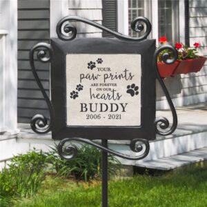 GiftsForYouNow Personalized Paw Prints On Our Hearts Garden Stake 28” by 8.5”, Wrought Iron Stake with Decorated Ceramic Tile, Yard Garden Stake, in Memory of Garden Stake