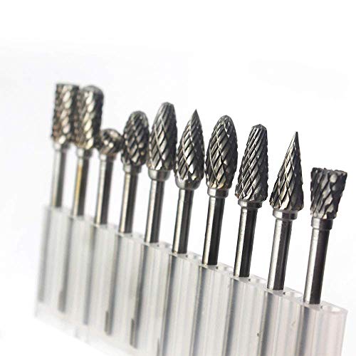 Carbide Burr Set JESTUOUS 1/8 Inch Shank with 1/4 Inch Head Double Cut Rotary Burrs Die Grinder Drill Bits for Woodworking Engraving Drilling Carving,10pcs