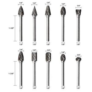 Carbide Burr Set JESTUOUS 1/8 Inch Shank with 1/4 Inch Head Double Cut Rotary Burrs Die Grinder Drill Bits for Woodworking Engraving Drilling Carving,10pcs