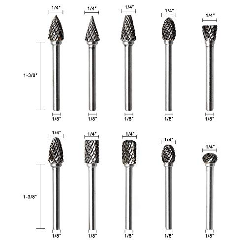 Carbide Burr Set JESTUOUS 1/8 Inch Shank with 1/4 Inch Head Double Cut Rotary Burrs Die Grinder Drill Bits for Woodworking Engraving Drilling Carving,10pcs