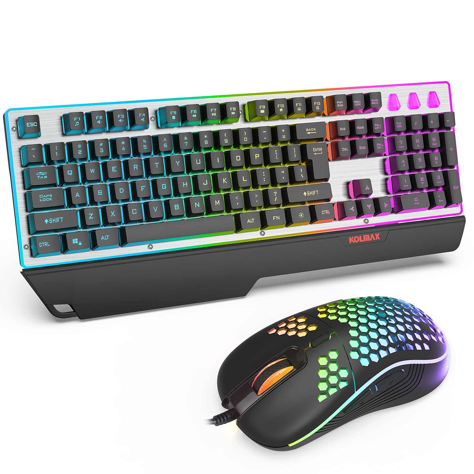 KOLMAX Gaming Keyboard and Mouse Combo,Rainbow Backlit Mechanical Feeling 104 Keys Keyboard with Ergonomic Detachable Wrist Rest,Aluminum Panel Keyboard 3600DPI Gaming Mouse for PC Mac Office/Gaming