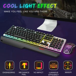 KOLMAX Gaming Keyboard and Mouse Combo,Rainbow Backlit Mechanical Feeling 104 Keys Keyboard with Ergonomic Detachable Wrist Rest,Aluminum Panel Keyboard 3600DPI Gaming Mouse for PC Mac Office/Gaming