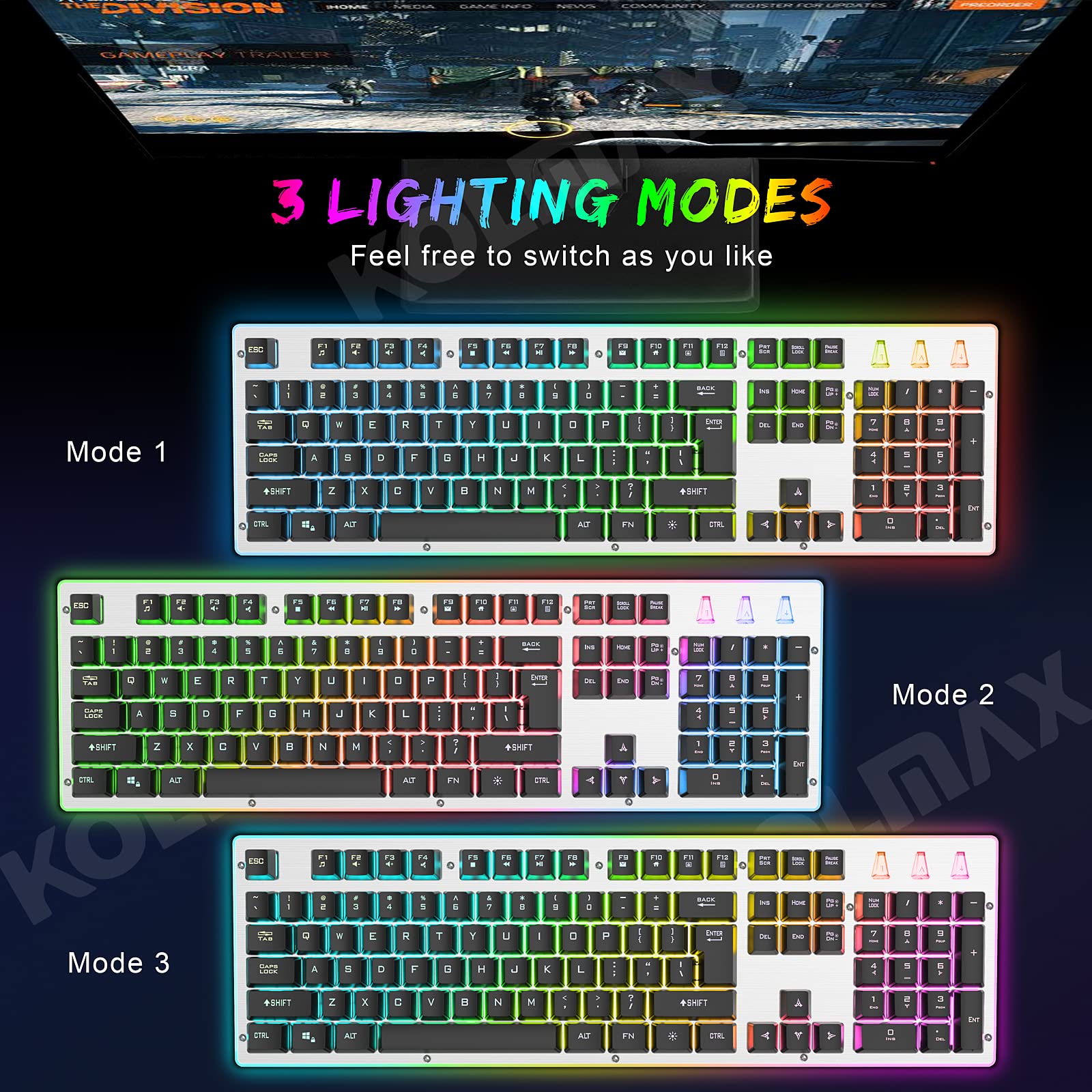 KOLMAX Gaming Keyboard and Mouse Combo,Rainbow Backlit Mechanical Feeling 104 Keys Keyboard with Ergonomic Detachable Wrist Rest,Aluminum Panel Keyboard 3600DPI Gaming Mouse for PC Mac Office/Gaming