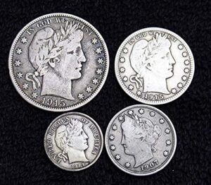barber coinage - set of 4 different coins - half dollar, quarter, dime, nickel - silver, antique, investment - 1/2 good and better - all full date - great collection us mint