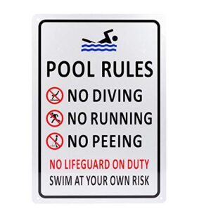kichwit pool rules sign for outdoor, backyard metal swimming pool sign, no diving no running no peeing no lifeguard on duty sign, aluminum, weather resistant, 9.4 x 13.4 inches, silver