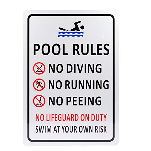 Kichwit Pool Rules Sign for Outdoor, Backyard Metal Swimming Pool Sign, No Diving No Running No Peeing No Lifeguard on Duty Sign, Aluminum, Weather Resistant, 9.4 x 13.4 Inches, Silver