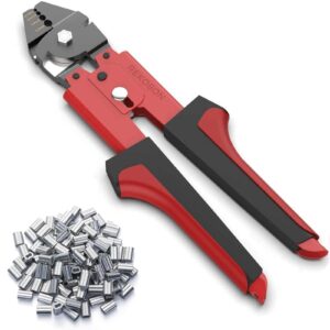 crimping tool, wire rope crimping tool, up to 2.2mm swager crimper fishing wire crimping tool with 100 pcs aluminum double barrel ferrule crimping loop sleeves kit with cutting function for cable