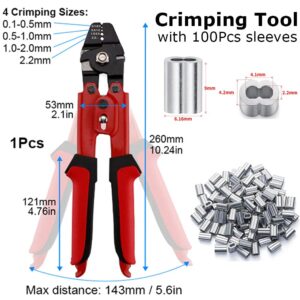 Crimping Tool, Wire Rope Crimping Tool, Up To 2.2mm Swager Crimper Fishing Wire Crimping Tool with 100 PCS Aluminum Double Barrel Ferrule Crimping Loop Sleeves Kit with Cutting Function for Cable