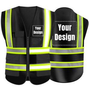 yoweshop high visibility reflective safety vest customize logo with 5 pockets hi vis vest outdoor protective workwear (black - green webbing (l))