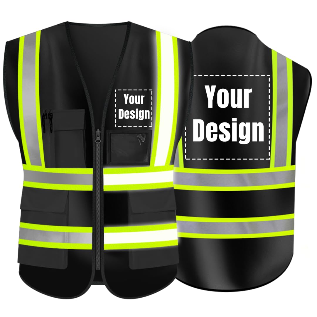 YOWESHOP High Visibility Reflective Safety Vest Customize Logo With 5 Pockets Hi Vis Vest Outdoor Protective Workwear (Black - green webbing (L))