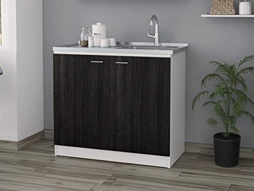 Tuhome Napoles Utility Sink Cabinet with 2 Inner Shelves and Double Doors, White/Black