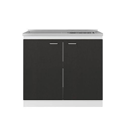 Tuhome Napoles Utility Sink Cabinet with 2 Inner Shelves and Double Doors, White/Black