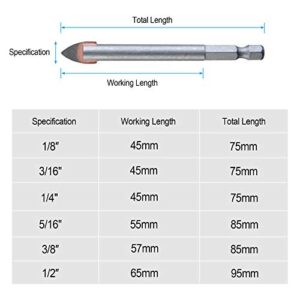 Tile Glass Drill Bits Set, 6Pcs Masonry Carbide Tips Drilling Bits for Soft Ceramic Tile, Mirror, Plastic | Spiral Slot 1/8, 3/16, 1/4, 5/16, 3/8, 1/2 Inch