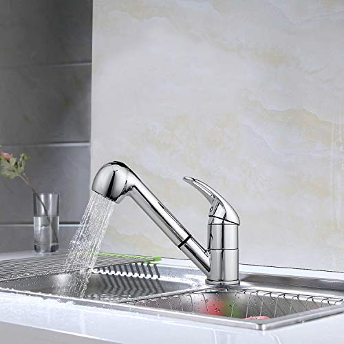 Kitchen Faucet, Modern Commercial Stainless Steel Single Bar Faucet Chrome Pull Down/Out Vessel Sink Faucets, Silver