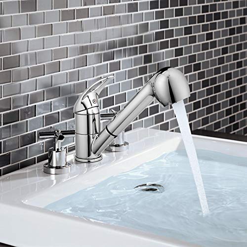 Kitchen Faucet, Modern Commercial Stainless Steel Single Bar Faucet Chrome Pull Down/Out Vessel Sink Faucets, Silver