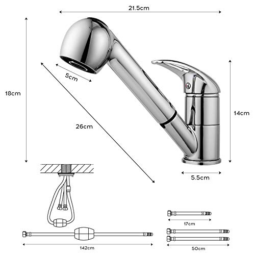 Kitchen Faucet, Modern Commercial Stainless Steel Single Bar Faucet Chrome Pull Down/Out Vessel Sink Faucets, Silver