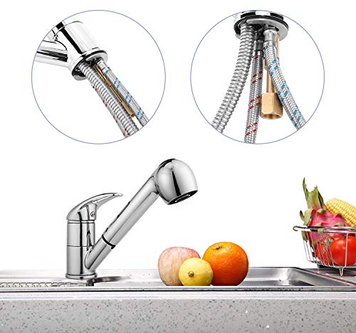 Kitchen Faucet, Modern Commercial Stainless Steel Single Bar Faucet Chrome Pull Down/Out Vessel Sink Faucets, Silver