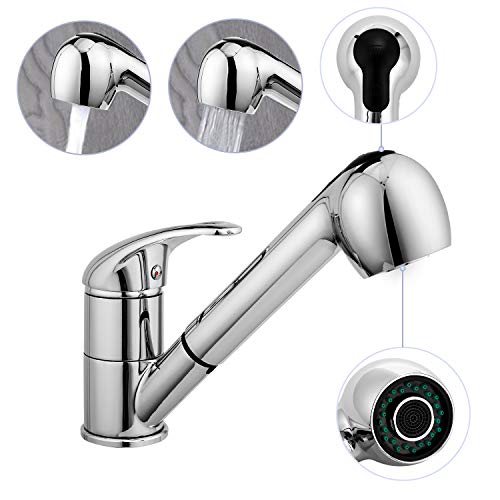 Kitchen Faucet, Modern Commercial Stainless Steel Single Bar Faucet Chrome Pull Down/Out Vessel Sink Faucets, Silver