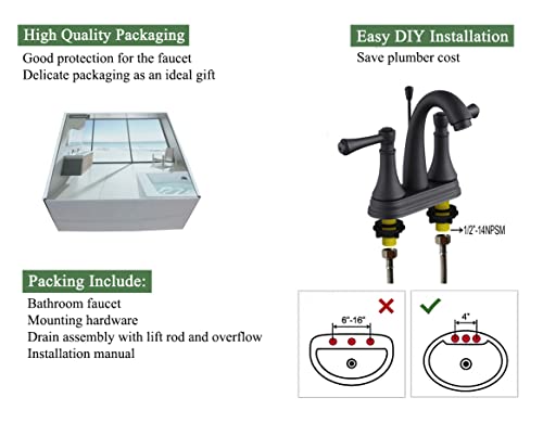 Matte Black 4 Inch Bathroom Sink Faucet 3 Hole, 2 Handle Centerset Bathroom Faucet with Metal Casting Spout, Modern RV Farmhouse Vanity Faucet, Include Drain with Overflow and Lift Rod, TAF410Y-MB