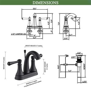 Matte Black 4 Inch Bathroom Sink Faucet 3 Hole, 2 Handle Centerset Bathroom Faucet with Metal Casting Spout, Modern RV Farmhouse Vanity Faucet, Include Drain with Overflow and Lift Rod, TAF410Y-MB