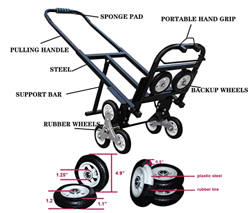 INTBUYING Stair Climber Hand Truck Carbon Steel,420LBS Capacity Stair Climbing Folding Hand Truck 6 Wheels & 2 Backup, Rubber Mute Wheel,Adjustable Handle Length Dolly Cart Trolley for Stairs