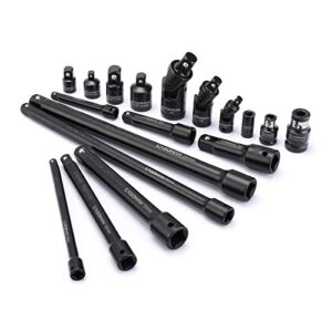 casoman 18-piece drive tool accessory set, premium cr-v steel with black phosphate finish, includes socket adapters, extensions and universal joints and impact coupler, professional socket accessories