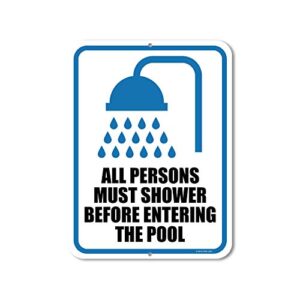 honey dew gifts pool rules sign, all persons must shower before entering the pool 9 inch by 12 inch metal pool signs and decor outdoor, made in usa